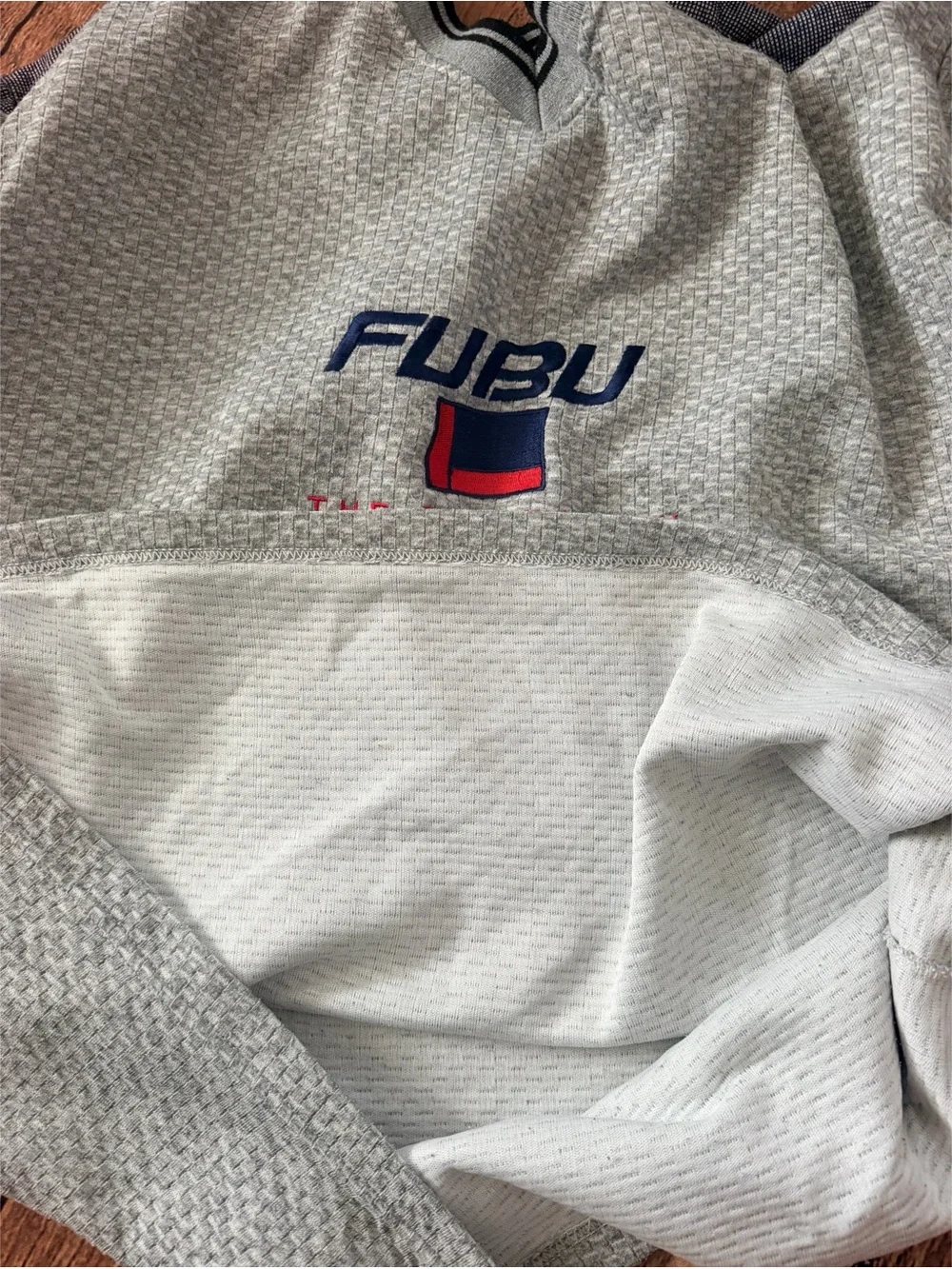 Men’s Size L Y2K FUBU The Collection Gray Logo Sweater